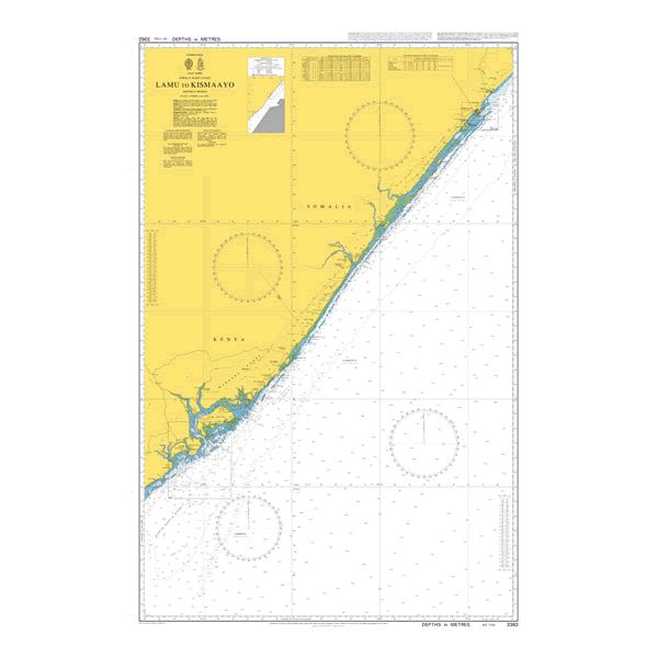 Product image of Admiralty Chart 3362 | Lamu to Kismaayo, featuring navigational markings, depth soundings, and coastal features, essential for safe marine navigation. It could be displayed as an art piece or used for navigation on a boat or ship.