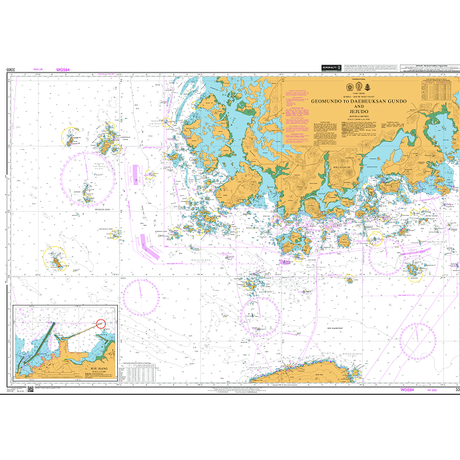 Product image of Admiralty Chart 3365 | Geomundo to Daeheuksan Gundo and Jejudo, featuring navigational markings, depth soundings, and coastal features, essential for safe marine navigation. It could be displayed as an art piece or used for navigation on a boat or ship.