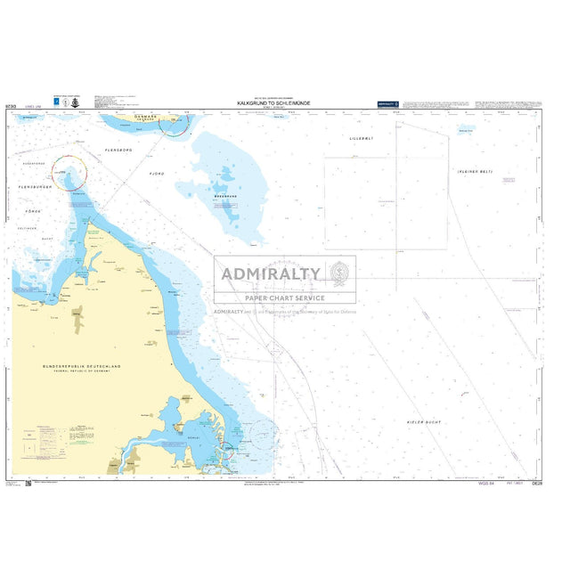 Admiralty Chart DE28: Kalkgrund to Schleimunde by Admiralty shows coastal areas, depths, navigational aids, and boundaries near Denmark and Germany. Land is yellow; water is blue and white.