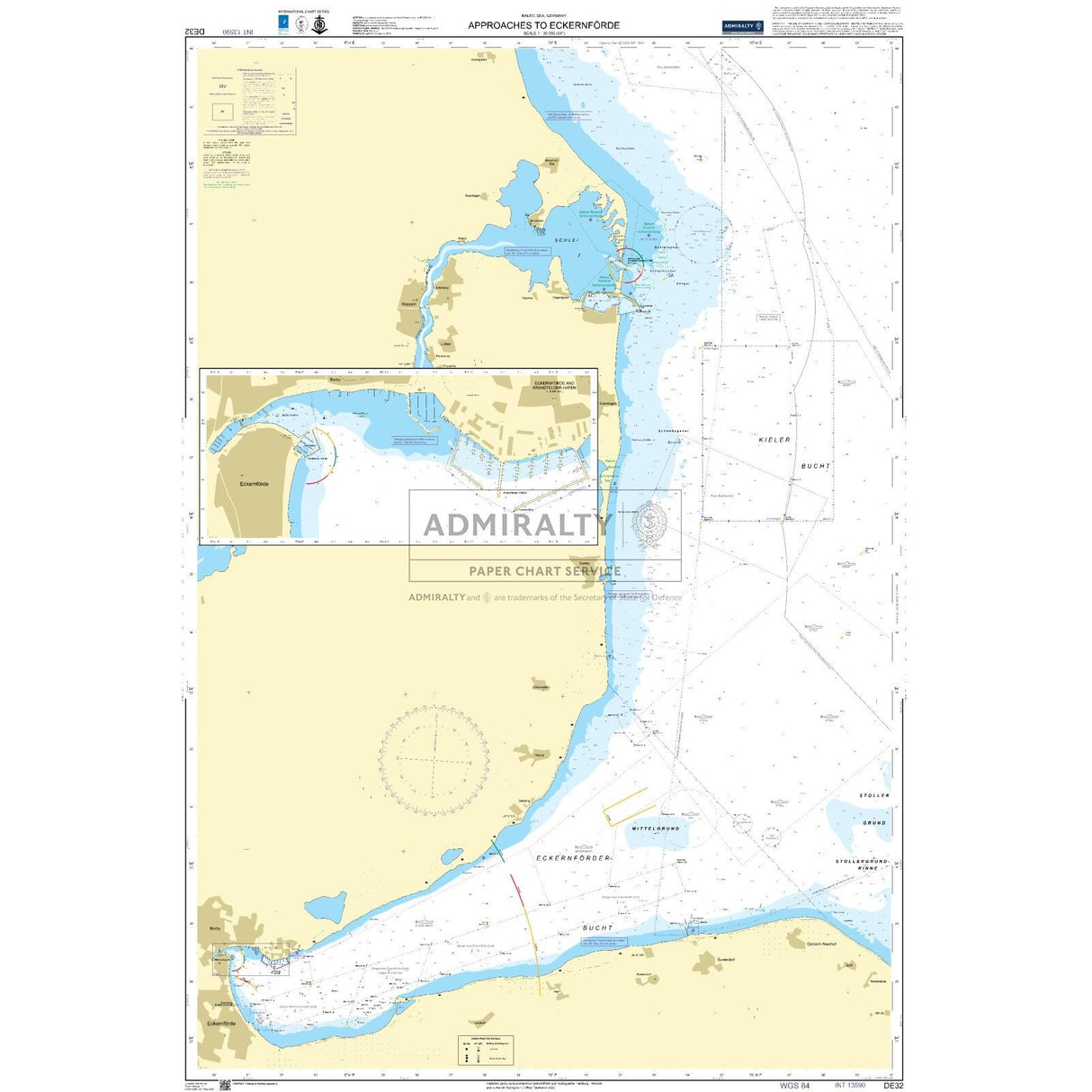 Admiralty Chart DE32: Approaches to Eckernforde by Admiralty displays coastal and underwater topography, water depths, navigation aids, and shoreline details near Eckernforde, complete with compass rose and maritime symbols.