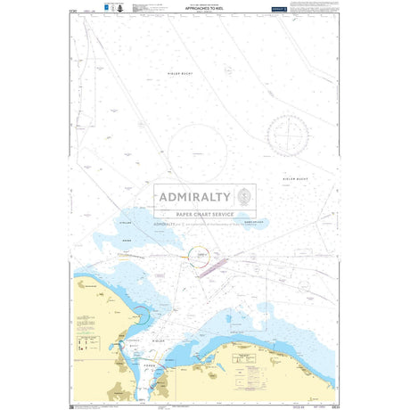 Admiralty Chart DE33: Approaches to Kiel by Admiralty displays coastal outlines, water depths, navigation aids, restricted areas, and maritime routes near Kiel with detailed symbols and navigational annotations.
