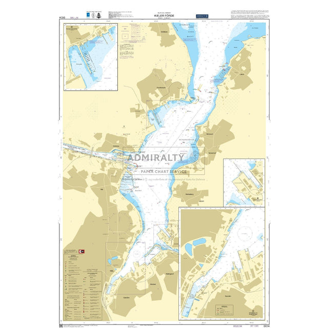 Admiralty Chart DE34: Kieler Forde by Admiralty details water depths, navigation routes, coastal features, ports, harbors, and includes inset maps of key docks and entry points along the fjord in Germany.