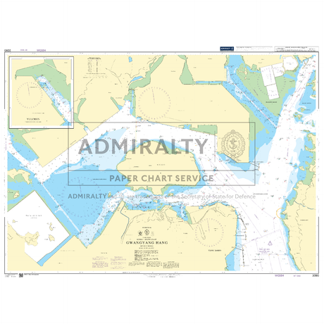 Product image of Admiralty Chart 3390 | Gwangyang Hang, featuring navigational markings, depth soundings, and coastal features, essential for safe marine navigation. It could be displayed as an art piece or used for navigation on a boat or ship.