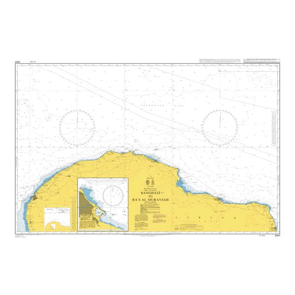 Product image of Admiralty Chart 3401 | Banghazi to Ra's Al Muraysah, featuring navigational markings, depth soundings, and coastal features, essential for safe marine navigation. It could be displayed as an art piece or used for navigation on a boat or ship.