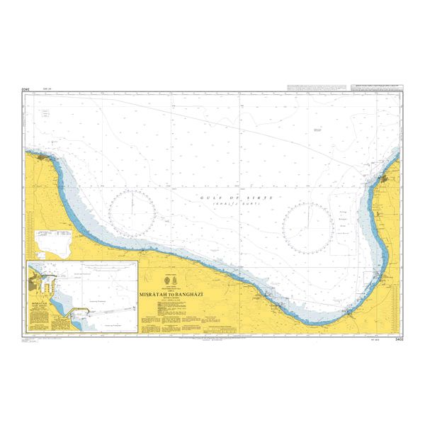 Product image of Admiralty Chart 3402 | Misratah to Banghazi, featuring navigational markings, depth soundings, and coastal features, essential for safe marine navigation. It could be displayed as an art piece or used for navigation on a boat or ship.