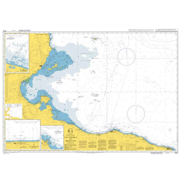 Product image of Admiralty Chart 3403 | Cap Afrique to Misratah, featuring navigational markings, depth soundings, and coastal features, essential for safe marine navigation. It could be displayed as an art piece or used for navigation on a boat or ship.