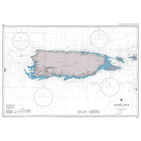 Product image of Admiralty Chart 3408 | Puerto Rico, featuring navigational markings, depth soundings, and coastal features, essential for safe marine navigation. It could be displayed as an art piece or used for navigation on a boat or ship.