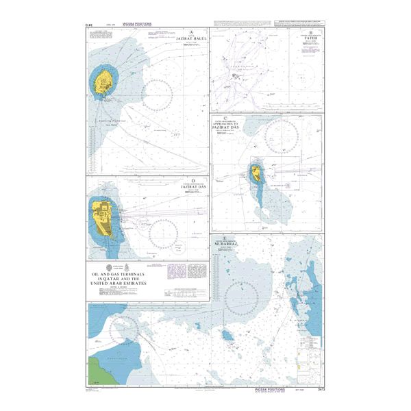 Product image of Admiralty Chart 3413 | Oil and Gas Terminals in Qatar and the United Arab Emirates, featuring navigational markings, depth soundings, and coastal features, essential for safe marine navigation. It could be displayed as an art piece or used for navigation on a boat or ship.