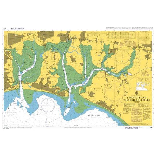 Product image of Admiralty Chart 3418 | Langstone and Chichester Harbours, featuring navigational markings, depth soundings, and coastal features, essential for safe marine navigation. It could be displayed as an art piece or used for navigation on a boat or ship.