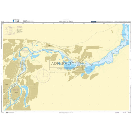 Admiralty Chart DE52: River Trave to Lubeck by Admiralty displays the river route from Travemünde to Lübeck, featuring detailed water depths, navigation aids, towns, land areas, and official nautical chart notes for safe maritime navigation.
