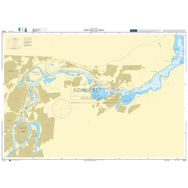 Admiralty Chart DE52: River Trave to Lubeck by Admiralty displays the river route from Travemünde to Lübeck, featuring detailed water depths, navigation aids, towns, land areas, and official nautical chart notes for safe maritime navigation.