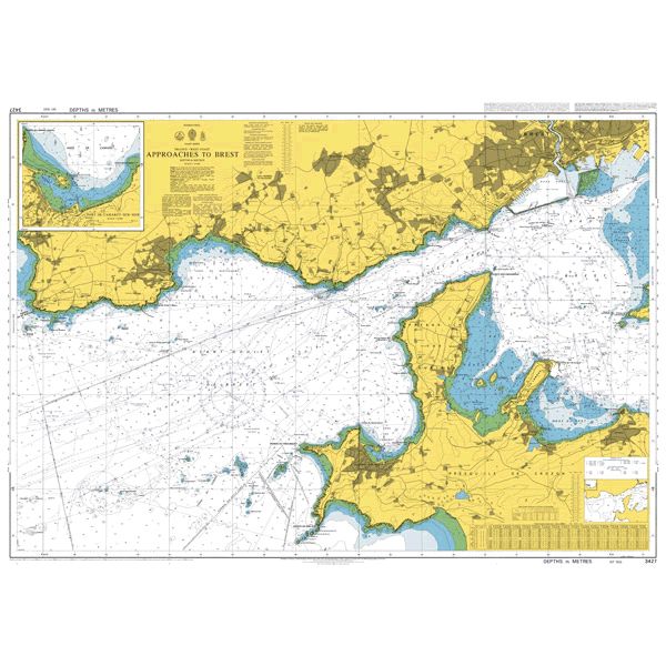 Product image of Admiralty Chart 3427 | Approaches to Brest, featuring navigational markings, depth soundings, and coastal features, essential for safe marine navigation. It could be displayed as an art piece or used for navigation on a boat or ship.