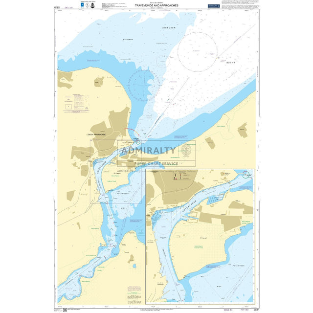 Admiralty Chart DE51: Travemunde and Approaches by Admiralty features waterways, depth markings, land areas, ports, maritime symbols, plus detailed insets of Lübeck and a marina.