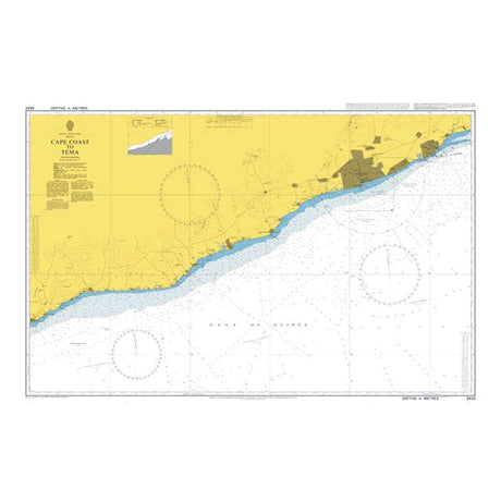 Product image of Admiralty Chart 3432 | Saltpond to Tema, featuring navigational markings, depth soundings, and coastal features, essential for safe marine navigation. It could be displayed as an art piece or used for navigation on a boat or ship.