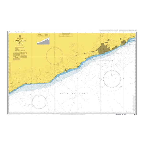 Product image of Admiralty Chart 3432 | Saltpond to Tema, featuring navigational markings, depth soundings, and coastal features, essential for safe marine navigation. It could be displayed as an art piece or used for navigation on a boat or ship.