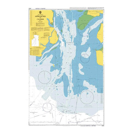 Product image of Admiralty Chart 3433 | Approaches to Calabar Sheet 1, featuring navigational markings, depth soundings, and coastal features, essential for safe marine navigation. It could be displayed as an art piece or used for navigation on a boat or ship.