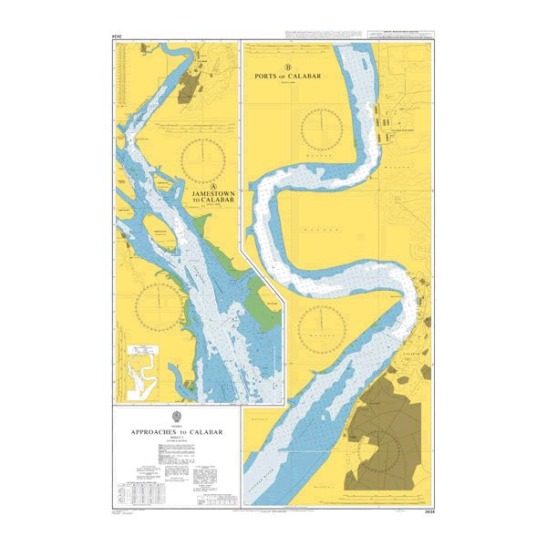 Product image of Admiralty Chart 3434 | Approaches to Calabar Sheet 2, featuring navigational markings, depth soundings, and coastal features, essential for safe marine navigation. It could be displayed as an art piece or used for navigation on a boat or ship.