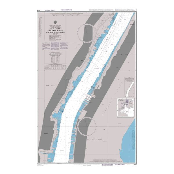 Product image of Admiralty Chart 3454 | New York Hudson River Hoboken to Edgewater, featuring navigational markings, depth soundings, and coastal features, essential for safe marine navigation. It could be displayed as an art piece or used for navigation on a boat or ship.