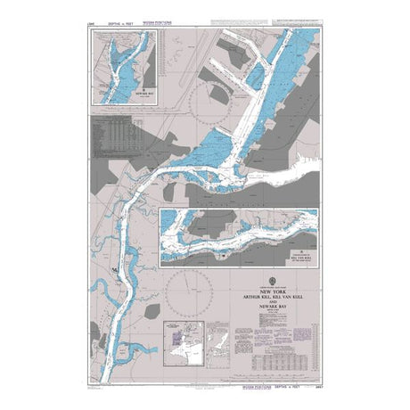 Product image of Admiralty Chart 3457 | New York Arthur Kill, Kill Van Kull and Newark Bay, featuring navigational markings, depth soundings, and coastal features, essential for safe marine navigation. It could be displayed as an art piece or used for navigation on a boat or ship.