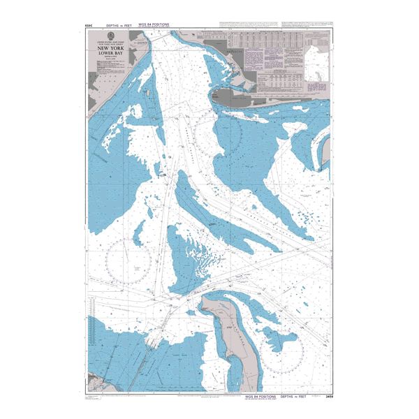 Product image of Admiralty Chart 3459 | New York Lower Bay, featuring navigational markings, depth soundings, and coastal features, essential for safe marine navigation. It could be displayed as an art piece or used for navigation on a boat or ship.