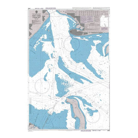 Product image of Admiralty Chart 3459 | New York Lower Bay, featuring navigational markings, depth soundings, and coastal features, essential for safe marine navigation. It could be displayed as an art piece or used for navigation on a boat or ship.