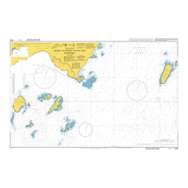 Product image of Admiralty Chart 3462 | British Antarctic Survey Base Rothera, featuring navigational markings, depth soundings, and coastal features, essential for safe marine navigation. It could be displayed as an art piece or used for navigation on a boat or ship.