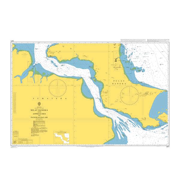 Product image of Admiralty Chart 3471 | Selat Bangka and Approaches to Sungai Palembang and Pangkalbalam, featuring navigational markings, depth soundings, and coastal features, essential for safe marine navigation. It could be displayed as an art piece or used for navigation on a boat or ship.