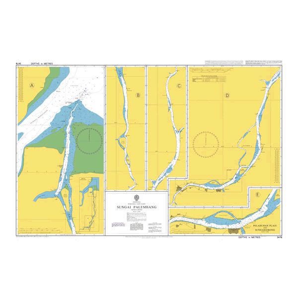 Product image of Admiralty Chart 3476 | Sungai Palembang, featuring navigational markings, depth soundings, and coastal features, essential for safe marine navigation. It could be displayed as an art piece or used for navigation on a boat or ship.