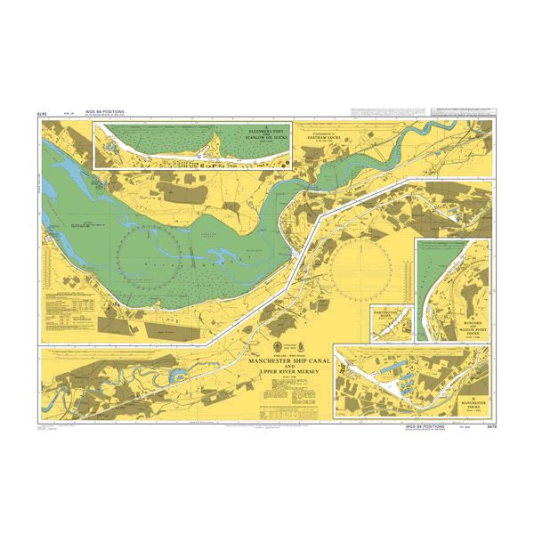 Product image of Admiralty Chart 3478 | Manchester Ship Canal and Upper River Mersey, featuring navigational markings, depth soundings, and coastal features, essential for safe marine navigation. It could be displayed as an art piece or used for navigation on a boat or ship.