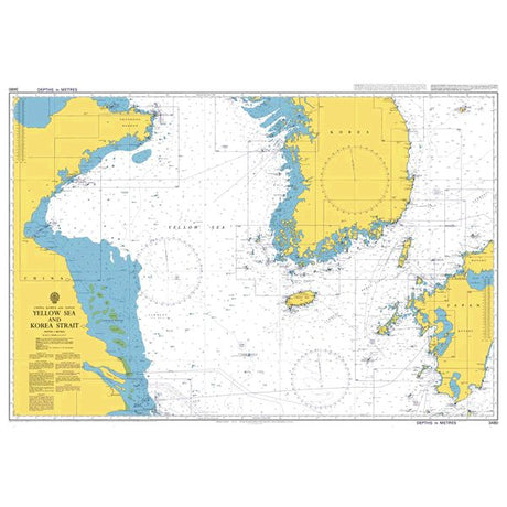 Product image of Admiralty Chart 3480 | Yellow Sea and Korea Strait, featuring navigational markings, depth soundings, and coastal features, essential for safe marine navigation. It could be displayed as an art piece or used for navigation on a boat or ship.