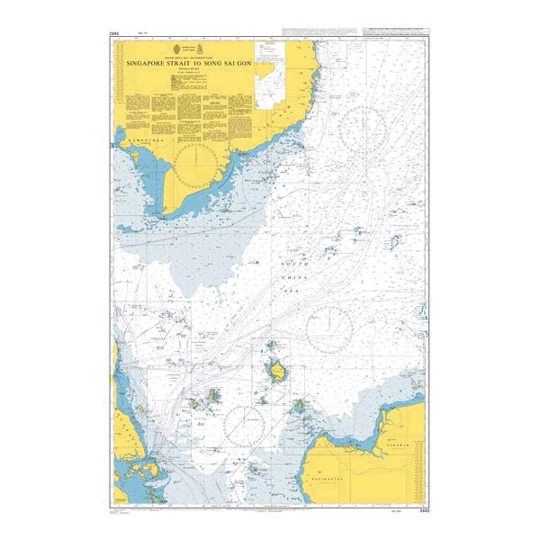 Product image of Admiralty Chart 3482 | Singapore Strait to Song Sai Gon, featuring navigational markings, depth soundings, and coastal features, essential for safe marine navigation. It could be displayed as an art piece or used for navigation on a boat or ship.