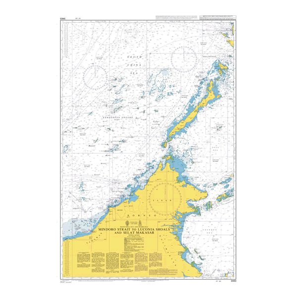 Product image of Admiralty Chart 3483 | Mindoro Strait to Luconia Shoals and Selat Makasar, featuring navigational markings, depth soundings, and coastal features, essential for safe marine navigation. It could be displayed as an art piece or used for navigation on a boat or ship.