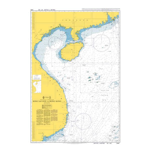 Product image of Admiralty Chart 3488 | Song Sai Gon to Hong Kong, featuring navigational markings, depth soundings, and coastal features, essential for safe marine navigation. It could be displayed as an art piece or used for navigation on a boat or ship.