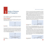 A page from the textbook "GMDSS: A User's Handbook" by Adlard Coles features text and diagrams explaining various modes of radio signal emission for emergency communications. It includes graphs labeled FIG 3, FIG 4, and FIG 5, which illustrate variations in signal power and frequency essential for maritime safety.