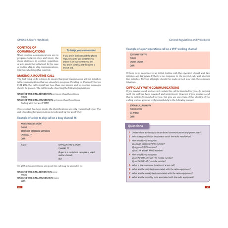 The user's handbook page from "GMDSS: A User's Handbook" by Adlard Coles outlines procedures for routine and emergency calls on VHF channels, emphasizing maritime safety via GMDSS protocols. It includes sections like "Keep in Mind," examples, a question box, and an operations table, with pages numbered 20 and 21.