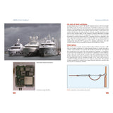 A nautical scene with several yachts docked at a marina on a cloudy day. The page discusses the GMDSS: A User's Handbook by Adlard Coles, focusing on antennas and wiring, featuring images of an antenna tuning unit (ETU) and a diagram illustrating the use of a weak link to protect a wire aerial. This highlights enhanced maritime safety through effective emergency communications.