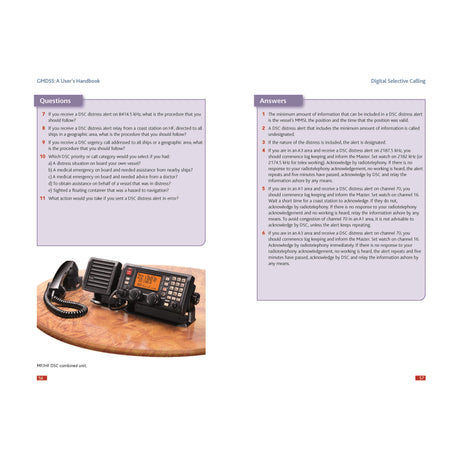 A page from "GMDSS: A User's Handbook" by Adlard Coles displays questions numbered 7-11 on the left, exploring DSC distress alerts essential for maritime safety. The corresponding answers are located on the right side of the page. An image of a combined MF/HF DSC unit, vital to GMDSS emergency communications, is positioned at the bottom left of the page.