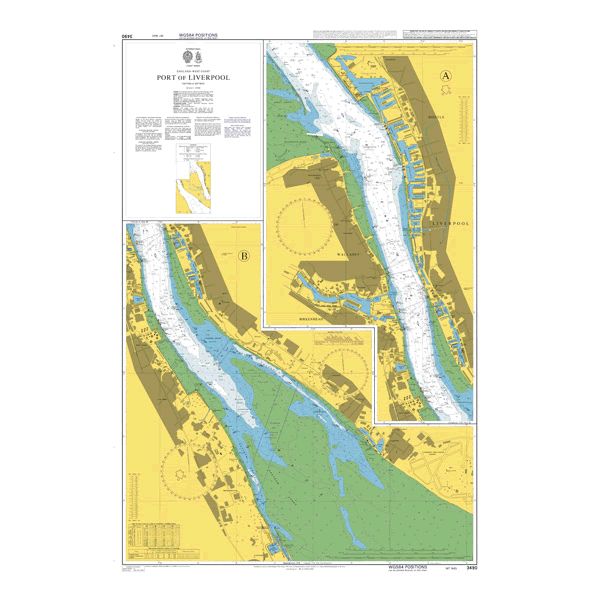 Product image of Admiralty Chart 3490 | Port of Liverpool, featuring navigational markings, depth soundings, and coastal features, essential for safe marine navigation. It could be displayed as an art piece or used for navigation on a boat or ship.