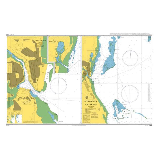 Product image of Admiralty Chart 3492 | Approaches to Port Sudan, featuring navigational markings, depth soundings, and coastal features, essential for safe marine navigation. It could be displayed as an art piece or used for navigation on a boat or ship.