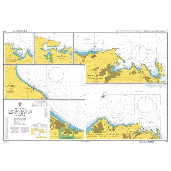 Product image of Admiralty Chart 3518 | Ports and Anchorages on the North-East Coast of Oman, featuring navigational markings, depth soundings, and coastal features, essential for safe marine navigation. It could be displayed as an art piece or used for navigation on a boat or ship.