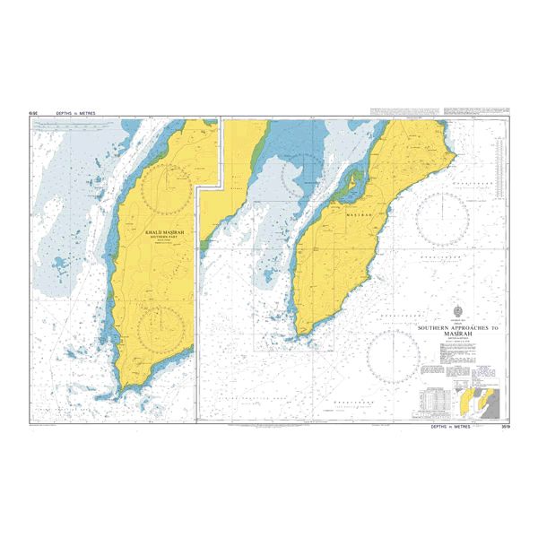 Product image of Admiralty Chart 3519 | Southern Approaches to Masirah, featuring navigational markings, depth soundings, and coastal features, essential for safe marine navigation. It could be displayed as an art piece or used for navigation on a boat or ship.