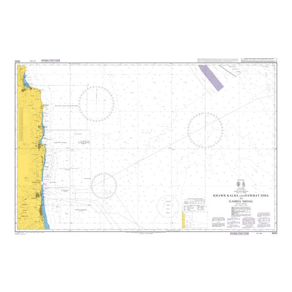 Product image of Admiralty Chart 3520 | Khawr Kalba and Dawhat Diba to Gahha Shoal, featuring navigational markings, depth soundings, and coastal features, essential for safe marine navigation. It could be displayed as an art piece or used for navigation on a boat or ship.