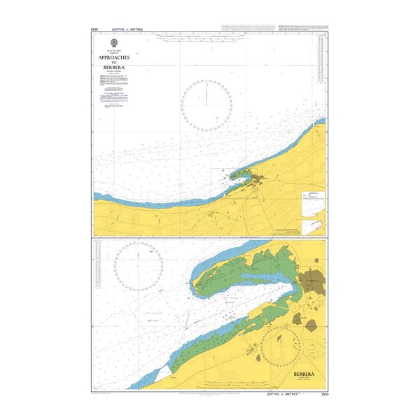 Product image of Admiralty Chart 3530 | Approaches to Berbera, featuring navigational markings, depth soundings, and coastal features, essential for safe marine navigation. It could be displayed as an art piece or used for navigation on a boat or ship.