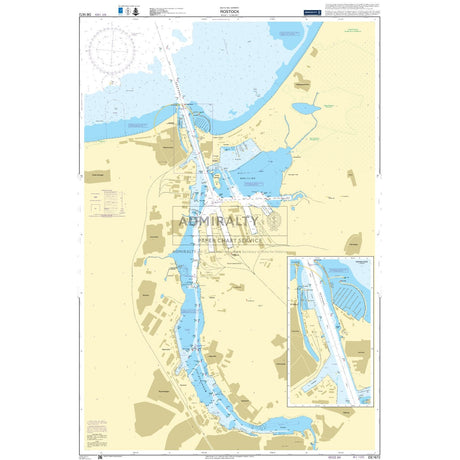 Admiralty Chart DE1672: Rostock by Admiralty details the harbor, waterways, docks, and surrounding land with maritime navigation info. Includes a harbor inset; water shown in blue, land and port areas in tan.