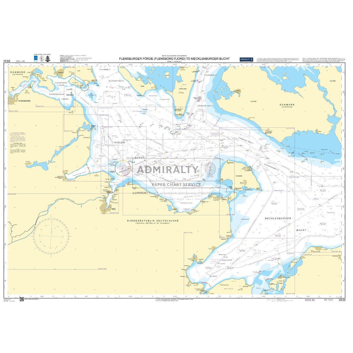 Admiralty Chart DE30: Flensburger Forde (Flensborg Fjord) to Mecklenburger Bucht by Admiralty details depths, shipping lanes, and coastal features in English and German on a pale yellow and blue background.