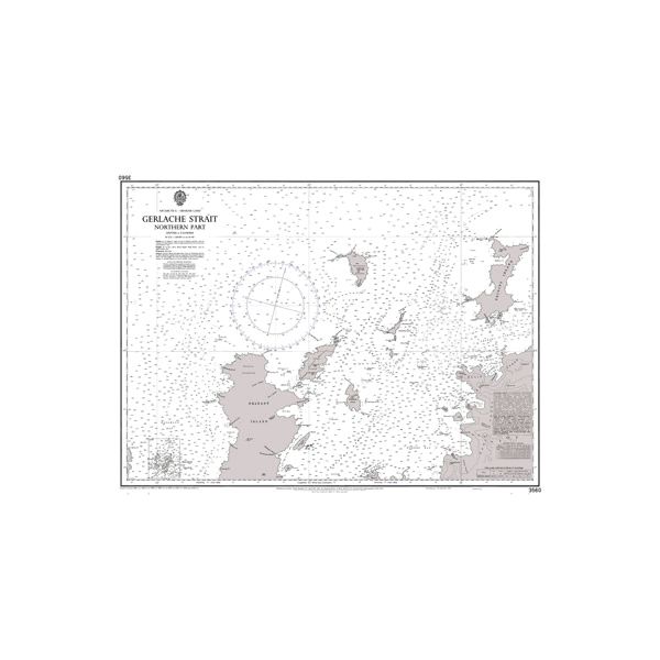 Product image of Admiralty Chart 3560 | Gerlache Strait Northern Part, featuring navigational markings, depth soundings, and coastal features, essential for safe marine navigation. It could be displayed as an art piece or used for navigation on a boat or ship.