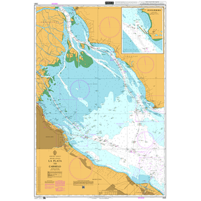 Product image of Admiralty Chart 3561 | La Plata to Carmelo, featuring navigational markings, depth soundings, and coastal features, essential for safe marine navigation. It could be displayed as an art piece or used for navigation on a boat or ship.