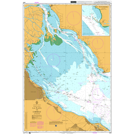 Product image of Admiralty Chart 3561 | La Plata to Carmelo, featuring navigational markings, depth soundings, and coastal features, essential for safe marine navigation. It could be displayed as an art piece or used for navigation on a boat or ship.