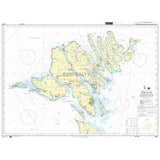Admiralty Chart 3567: Foroyar (Faroe Islands) Northern Part depicts coastlines, navigational routes, depths, and landmarks. The yellow islands contrast a white-light blue ocean background, ensuring compliance with SOLAS for precise maritime navigation.