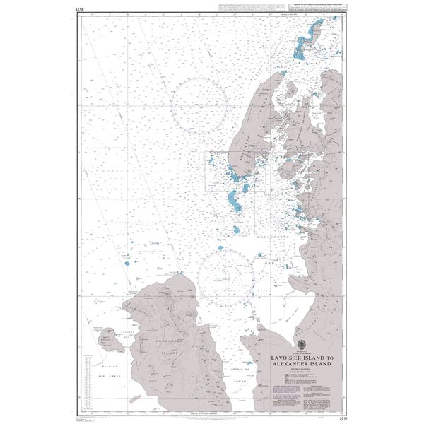 Product image of Admiralty Chart 3571 | Lavoisier Island to Alexander Island, featuring navigational markings, depth soundings, and coastal features, essential for safe marine navigation. It could be displayed as an art piece or used for navigation on a boat or ship.